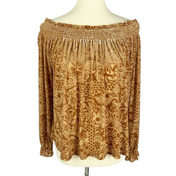 Free People A Little Twist Off The Shoulder Tan Floral Velvet Top Women’s Large - Picture 3 of 13